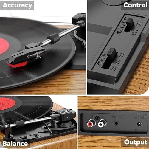 Plattenspieler, FYDEE Vinyl Plattenspieler Bluetooth, Schallplattenspieler Vintage Turntable mit Eingebauter Stereo-Lautsprecher, 3-Gang 33/45/78 U/min, RCA Ausgang, AUX-Eingang, Holzfarbe thumbnail 6