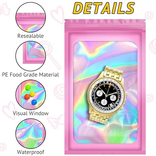 TIFICAL-Mylar-Bags, 100 PCS Holographic 2.4x3.9 Inch | Small Mylar Pouches, Resealable Bags for Small Business, Mini Pink Smell Proof Bag, Bracelet Pouch, Jewelry Sleeves, Sample Packs thumbnail 3