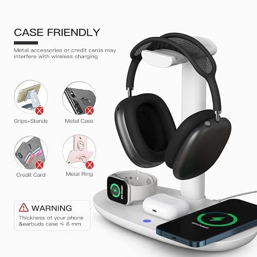 Headphone Stand with 15w Wireless Charger, Suguder 4 in 1 Charging Station Headset Holder for AirPods Max/Pro/4/3/2 iWatch 10/9/8/7/6/5/4/3/2/1/SE iPhone 17/16/15/14/13/12/11/X for Desktop Table Game thumbnail 5