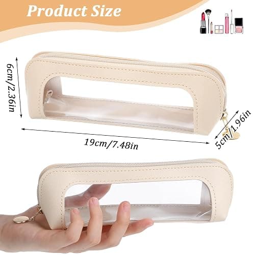 Clear Makeup Bag, Portable Transparent Cosmetic Organizer, PU Leather Makeup Brush Holder, Waterproof Travel Toiletry Pouch with Zipper for Women, Slim Makeup Case for Home, Office, Travel(Beige) - Beige thumbnail 3