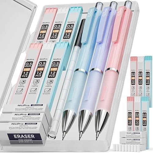 Nicpro 3PCS Pastel Mechanical Pencil Set with Case, 0.5 mm Cute Pencils with 6 Tube HB Lead Refill, 3PCS Eraser, Eraser Refill for Stationery School Supplies Student Writing Drafting Drawing Sketching - Image 1