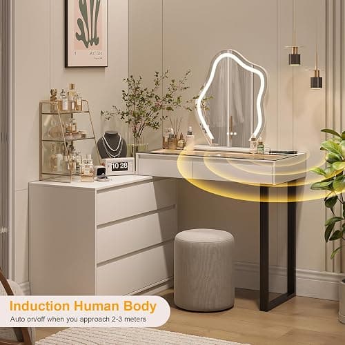BROTTAR Vanity Dressing Tables with LED Lights, Glass Top Vanity Table Makeup Desk with Cloud-Shaped Mirror and 5 Drawers, White Dresser with Charging Station for Bedroom - Style A thumbnail 8