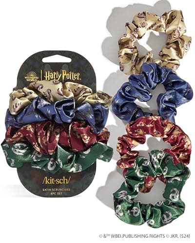 Harry Potter x Kitsch Satin Scrunchies - Softer Than Silk, Damage Free Hair Ties for Girls and Women, Featuring All House Crests - Hair Accessories for All Hair Types, Ideal for Daily Use - Set of 4 - 4 Count (Pack of 1) - Multicolored - Image 1