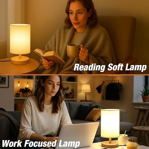 EZIYIN Desk Lamp LED Bulb Included, Small Bedside Table Lamp Plug-in - Classic Wood Base with Flaxen Fabric Shade, Lamps for Night Stands, Simple Nightstand Light for Bedroom, Office, Desk thumbnail 6