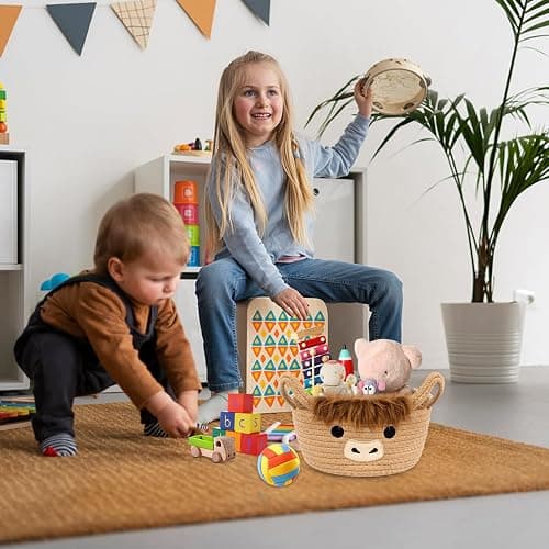 Hkojewp Highland Cute Cow Basket for Nursery, Small Shower Gift Basket, Round Woven Rope Cotton Storage, Baby Blanket 0rganizer with Ears Handles, Blanket Towel Decor Storage Bins, 10.7"D x 4.4"H in thumbnail 2