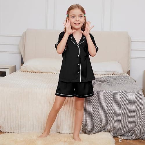 QPANCY Kids Satin Pajamas Sets Baby Boy Girl Button-Down Silk Sleepwear 2 Piece Short Sleeve Loungewear Clothes Set thumbnail 4