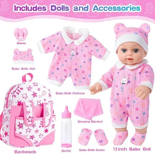 BDDOLL 12" Baby Doll in Gift Box with Pink Backpack, Cloths, Feeding Bottle and Pacifier, First Baby Dolls for Toddlers 3 Years and Up thumbnail 3