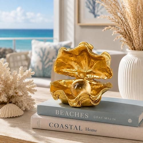 Zhao Xiang Pearl Oyster Statues Home Decor Accent Gold Decorations | Coastal Resin Gold Decor Figurine, Seashell Decor for Gold Desk Accessories, Bathroom Decorations, Dressing Table Shelf Decor thumbnail 2