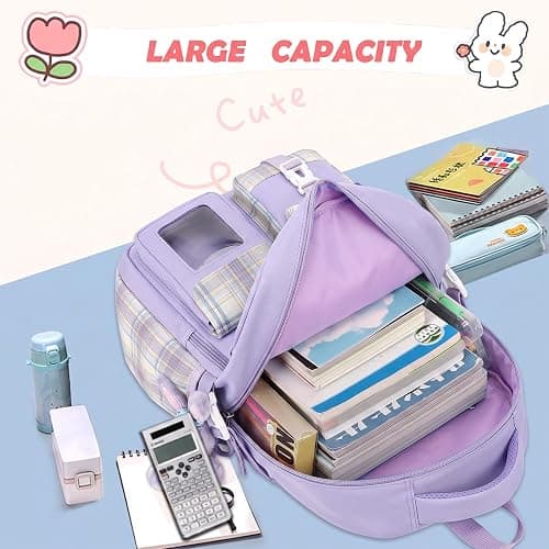 PRLINJSK Girls Backpack，Cute School Backpack for Girls Kids Teens，Kawaii Bookbag for Primary Elementary，Purple thumbnail 5