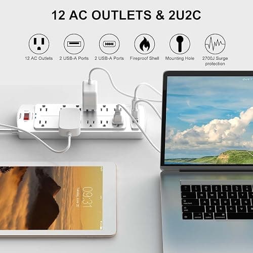 6 Ft Extension Cord Power Strip, Teiobar Surge Protector with 12 AC Outlets and 4 USB Ports for Home, Office, Dorm Essentials, 2700 Joules, ETL Listed, White thumbnail 2