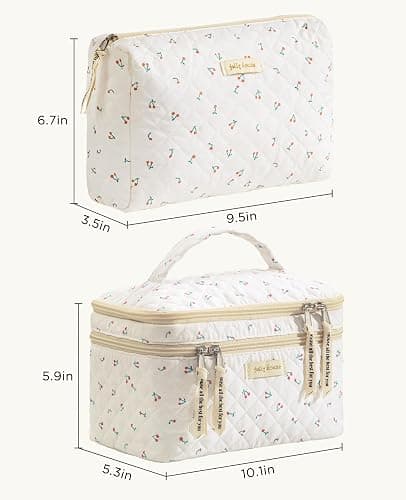 HBselect 2Pcs Travel Makeup Bag, Large Cotton Quilted Makeup Bag Cosmetic Bag Cute Make up Bag Toiletry Bags for Women Girls thumbnail 3