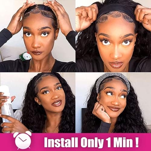 Headband Wig Human Hair,10 Inch Curly Wigs for Black Women,Natural Black | Glueless Headband Wigs,None Lace Front Wig Easy Wear,150% Density Machine Made,Half Wig Human Hair Beginner Friendly thumbnail 3