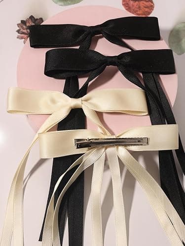 4pcs Hair Clips for Women Tassel Ribbon Bowknot With Long Tail, Clip Girl, Solid Accessories Barrettes Claw Bow (Black&Beige) thumbnail 8