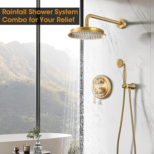 Hangoro Rainfall Shower Head with Handheld Combo, Brushed Gold Shower System with Balance Pressure Valve, 9 inch Shower Head and Faucet Set, Rain Shower Head with Handheld Spray Wall Mount(B2312-BG) thumbnail 3