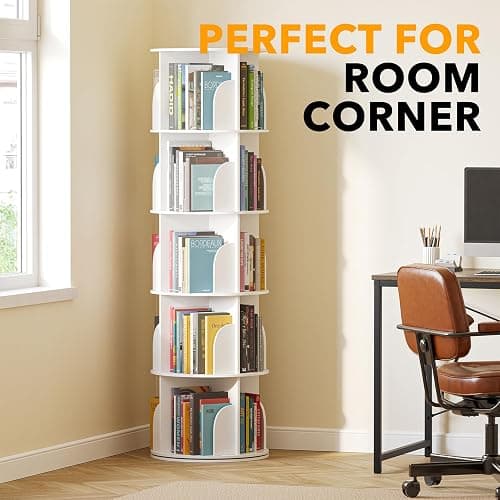 SpaceAid 5 Tier Rotating Bookshelf Tower, Spinning Bookcase Lazy Susan, Revolving 360 Book Shelf Storage Round Carousel, Vertical Rotate Turning Spiral Corner Organizer, White thumbnail 5