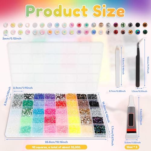 32000PCS Resin Jelly Rhinestones Kit 40Colors 3mm Flatback Gems with B7000 Glue Tweezers Drill Pen & Storage Box Bedazzling Kit for Bedazzling Kits for Nail Art Clothing DIY Projects Crafts thumbnail 2