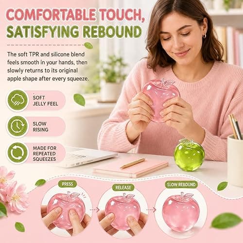Apple Squishy Stress Ball Squishy Toys , Soft TPR Sensory Squeeze Toy for Stress Relief, Mouldable Fidget Toy for Home, Office & Daily Relaxation Fidget Toys, Pink & Green 2 Pack thumbnail 5