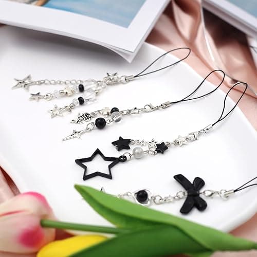 chihimoer 4PCS phone Charm Y2K Phone Accessories Aesthetic Keychain Star Flower Cute Decor String Cellphone Chain Pendant Strap Lanyard Butterfly Crystal Ribbon Bead Gothic Young thumbnail 3