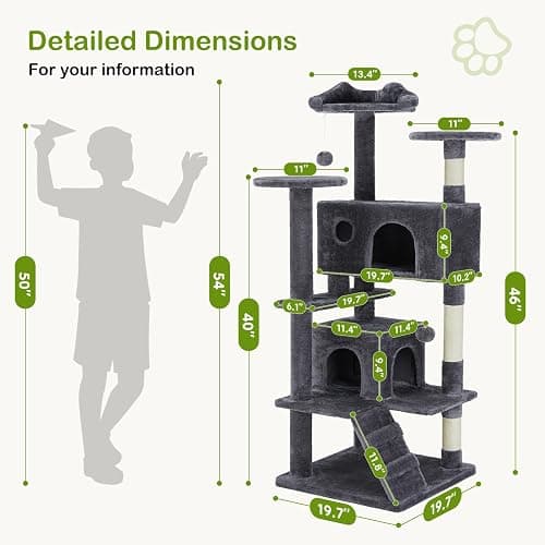 DUMOS 54-inch Indoor Cat Tree Tower –Multi-Level Pet House for Large Cats with 2 Condos, Scratching Posts, Round Platform, Small Ladder, and Toys – Perfect for Cats of All Ages, Dark Grey thumbnail 2
