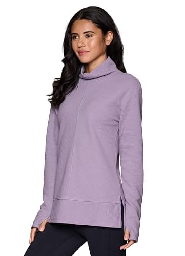 RBX Active Women's Ultra Soft Quilted Cowl Neck Pullover Sweater, Lightweight Mock Neck Tunic Sweatshirt with Thumbholes - Light Purple Shadow - Large thumbnail 3