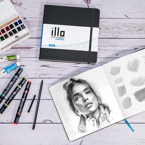 illo Sketchbook 8’’ x 8’’ Square Hardcover Sketch Book, (112lb/180gsm) Heavyweight Paper, Ribbon Marker, Back Pocket, Lays Flat, Minimal Bleed, Vegan, for Artists & Beginners thumbnail 6