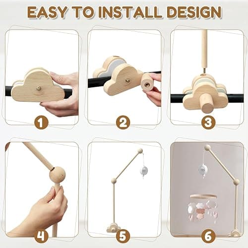 QOOWFEANIG Mobile for Crib,Baby Crib Mobile Arm 27.17inch,Strong Hold Anti Slip Attachment Clamp,Wooden Cloud Design Detachable Adjustable Holder Cute Cot Bed Bell Wind Chimes Hanger Bracket thumbnail 4