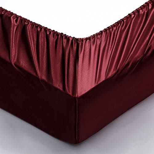 P Pothuiny 6 Pieces Queen Satin Sheets Luxury Silky Burgundy Satin Bedding Sheet Set, 1 Deep Pocket Fitted Sheet + 1 Flat Sheet + 4 Pillow Cases thumbnail 6