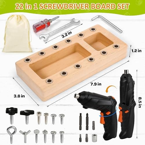 Montessori Screwdriver Board Set with Electric Drill, Wooden Montessori Busy Board Toys Screw Driver Activities Tools for 3 4 5 Year Old Kids, Sensory Learning STEM Fine Motor Skills Toys for Boys thumbnail 2