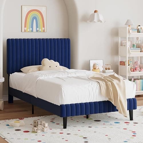 BarnFurin Twin Bed Frame/Velvet Upholstered Platform Bed with Adjustable Vertical Channel Tufted Headboard and Footboard/No Box Spring Required/Easy Assembly/Blue thumbnail 3