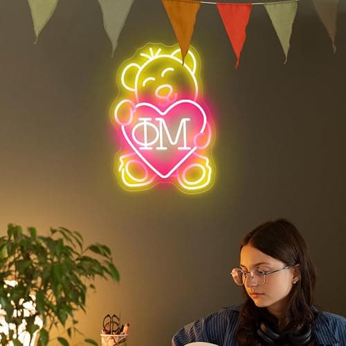 ΦM Sorority Teddy Bear Neon Signs,Dimmable Phi Mu LED Neon Lights for Wall Decor,Sorority USB Powered Neon Wall Sign for Bedroom,Paraphernalia,Gifts,9.8x13.4 inches. thumbnail 5