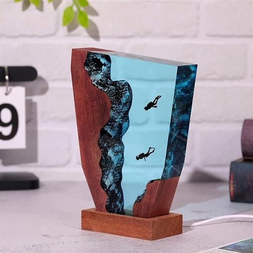 Drawelry Ocean Creative Epoxy Resin Wood Light Lamp, Handmade Multi Color Aquatic Ocean Lamp Deep Sea Diver Cave Diving Enthusiasts Led Night Light Desktop Decor Christmas Birthday Gift (Diving, S) thumbnail 2