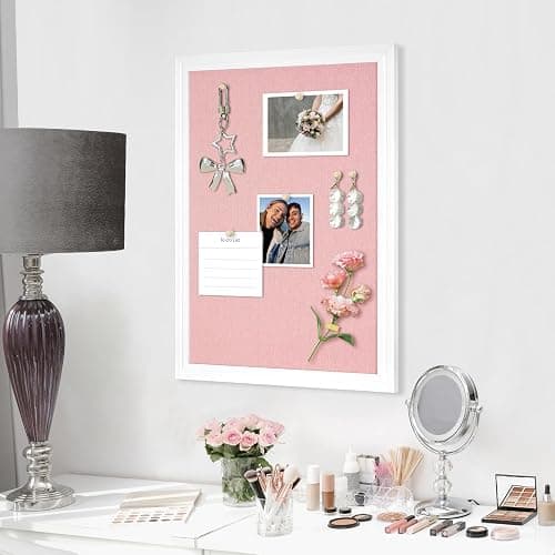 DOLLAR BOSS Bulletin Boards with Linen, 24"x18" Pink Cork Board, White | Corkboards for Walls, Framed Pin Board, Picture Display Vision Board, For Office Home School Girls Dorm Decor, 10 Pushpins thumbnail 2