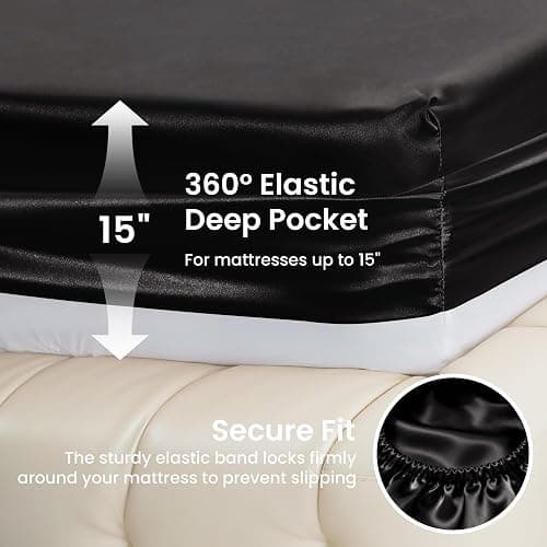 Love's cabin Satin Full Sheets Set, 4 Pieces, Black, 15" Deep Pocket | Luxury Silky Touch Bedding Set: Fitted Sheet, Flat Sheet & Pillowcases, Soft Smooth Silk Feel, All-Around Elastic Snug Fit thumbnail 4