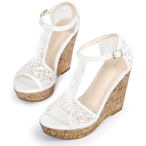 Perphy Women Lace Open Toe T-Strap Platform Wedge Heels Sandals | TPR outsole. 4.3-inch heel. Wedge heel. Party, Office, Casual, Evening, Dating. Lace open toe. T-strap platform thumbnail 4