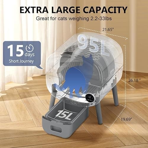 Cumrige Self Cleaning Litter Box, Large Capacity Automatic Cat Litter Box Self Cleaning for Cats, App Control,Safety Protection, 2 Roll Garbage Bags,White & Grey thumbnail 2