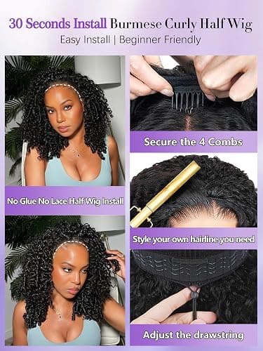 Legendhair Burmese Curly Half Wig Human Hair 18 Inch 180% Density Wear and Go Glueless Wig with Drawstring Spiral Curly Ends 3 in 1 Flip Over Headband Wig Beginner Friendly for Black Women thumbnail 4