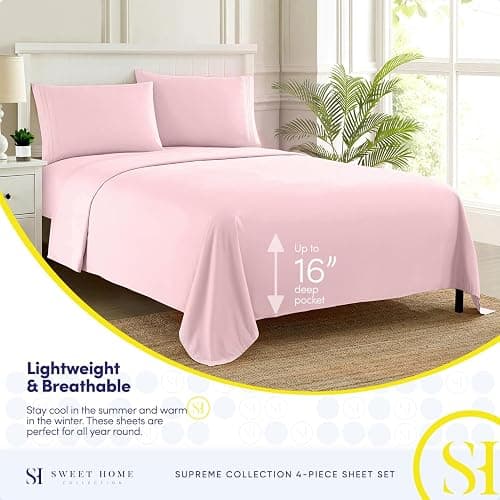 1800 Thread Count Sheet Set – Soft Egyptian Quality Brushed Microfiber Sheets – Luxury Bedding Set with Flat Sheet, Fitted Sheet, Pillow Cases, Queen, Pale Pink, Sheet Set thumbnail 3