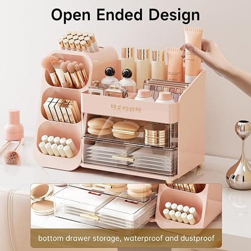 UFORU Makeup Organizer for Vanity with Brush Holder, Countertop Skincare Organizer with 2 Drawers, Spacious Cosmetic Display Case for Perfumes, Eyeshadow Palettes, Nail Polishes thumbnail 5
