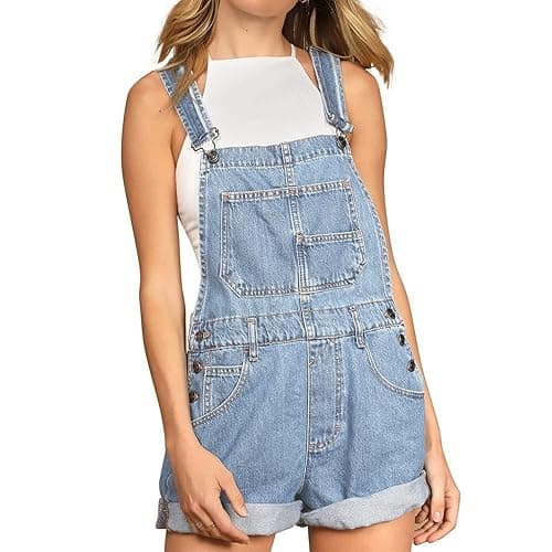 Talakeno Women's Casual Denim Bib Overall Shorts Adjustable Straps Cuffed Hem Shortall Rompers - Blue - Medium