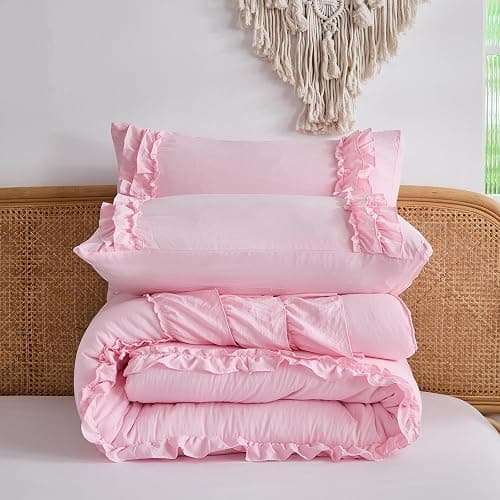 Herside Light Pink Comforter Set King Size,Waterfall Ruffle Shabby Chic Bedding Set,Soft Fluffy Boho Comforter Set for All Season,Vintage Ruffled 3 PCS Lightweight Quilt Set for Women Girls thumbnail 9