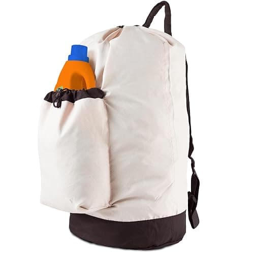 Laundry Bag Backpack with Shoulder Straps and Detergent Holder Clothes, Travel Laundry Backpack Bag Hamper for College Dorm Room Essentials (Khaki w Brown) - Khaki w Brown - Image 1