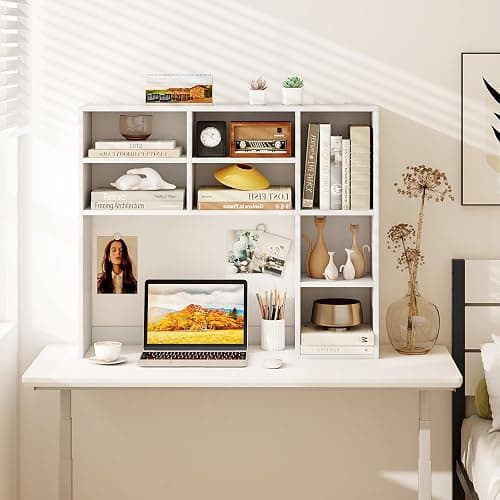 Tangkula Desktop Bookshelf, 37" Countertop Storage Hutch with 7 Cubes & 3 Adjustable Shelves, 3-Tier Desk Display Rack Organizer, Multipurpose Wood Desktop Hutch for Dorm Home Office (White) - 7 Shelves - White thumbnail 4