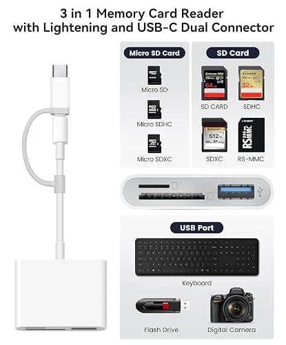 AkHolz SD Card Reader for iPhone iPad Built-in Lightening & USB-C Dual Connectors Card Adapter with SD MicroSD USB-A 3 Slots Trail Camera Memory Card Viewer, Portable No App Required Plug and Play thumbnail 2