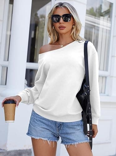 Bellcoco Womens Off the Shoulder Sweatshirt Long Sleeve Pullover Tops Oversized Sweatshirts Trendy Fall Outfits thumbnail 4