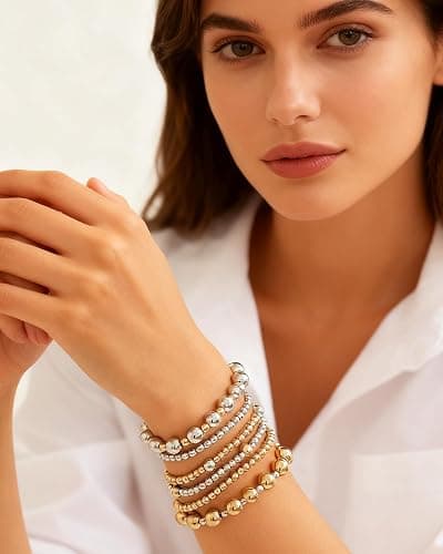 LANWLOSI 6 Pcs Two Tone Bracelets for Women Stackable Gold and Silver Beaded Bracelets Trendy Mixed Metal Beads Brace-lets Wedding Party Prom Daily Jewelry Gifts thumbnail 3