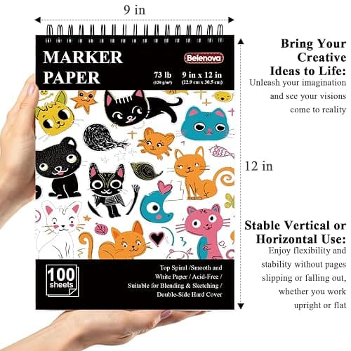 Belenova 9" x 12" Marker Paper Pad, 100 Sheets Bleedproof Sketchbook for Alcohol Markers - 73lb/120gsm Art Supplies for Drawing & Coloring (Kids/Adults). thumbnail 2