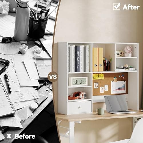 ELUREVIA White Desk Hutch with Cork Board for Photos and Reminders, Dorm Desk Hutch with Drawers and Shelves, Desktop Bookshelf for College Dorm, Student Bedroom, Compact Study Spaces thumbnail 6