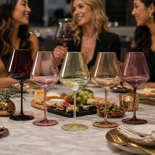 Terracotta Mars Collection Colored Crystal Wine Glass Set of 5, Gift For Him, Mom Dad Friend - 20 oz Glasses, Unique Italian Style Tall Drinkware - Red & White, Beautiful Glassware thumbnail 2