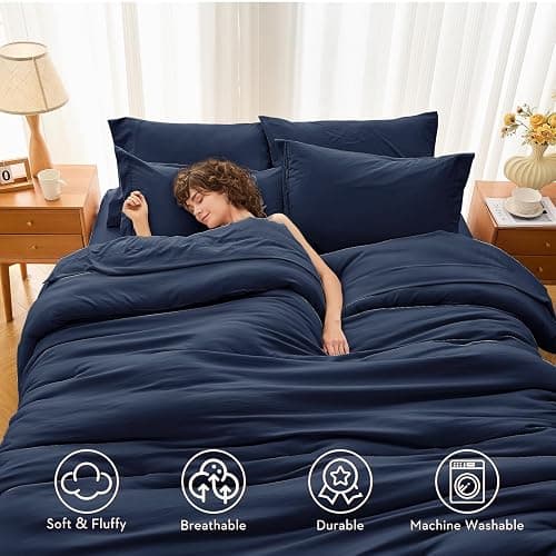 MUXHOMO 7 Pieces Full Comforter Set, Soft Bed in a Bag Full Size, All Season Bedding Set with Comforter, Flat Sheet, Fitted Sheet, Pillowcases & Shams, Navy Blue thumbnail 2