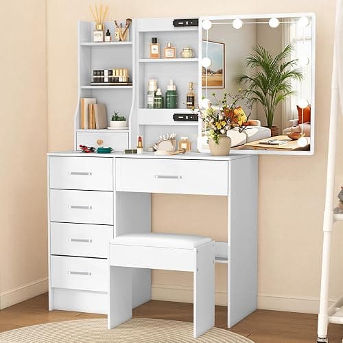 Caulitar White Vanity Desk with Mirror and Lights, 6 Drawers 6 Shelves 1 Stool & 3 Modes Slide Mirror Makeup Vanity for Teens Girls Bedroom, 51.6" H - Image 1